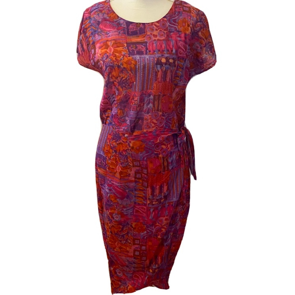 Vintage 80s 90s Zachi Wrap Skirt Midi Dress Red Colorful Size Small